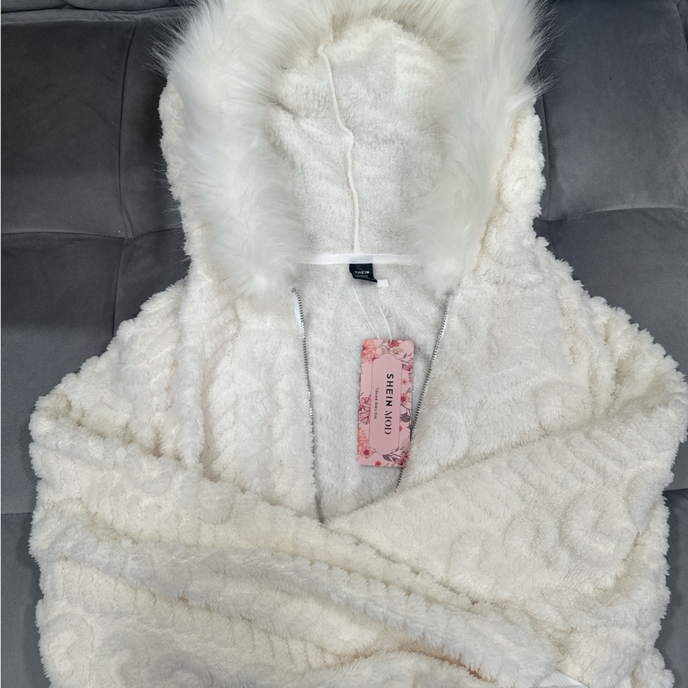 SHEIN Ivory Plush Hooded Cape